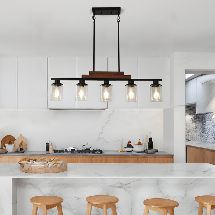 37" Farmhouse Industrial 5-Light Kitchen Island Pendant Light, Metal Wood Chandelier with Clear Glass Shades, Adjustable Height Hanging Fixture for Dining Room, Living Room, Kitchen