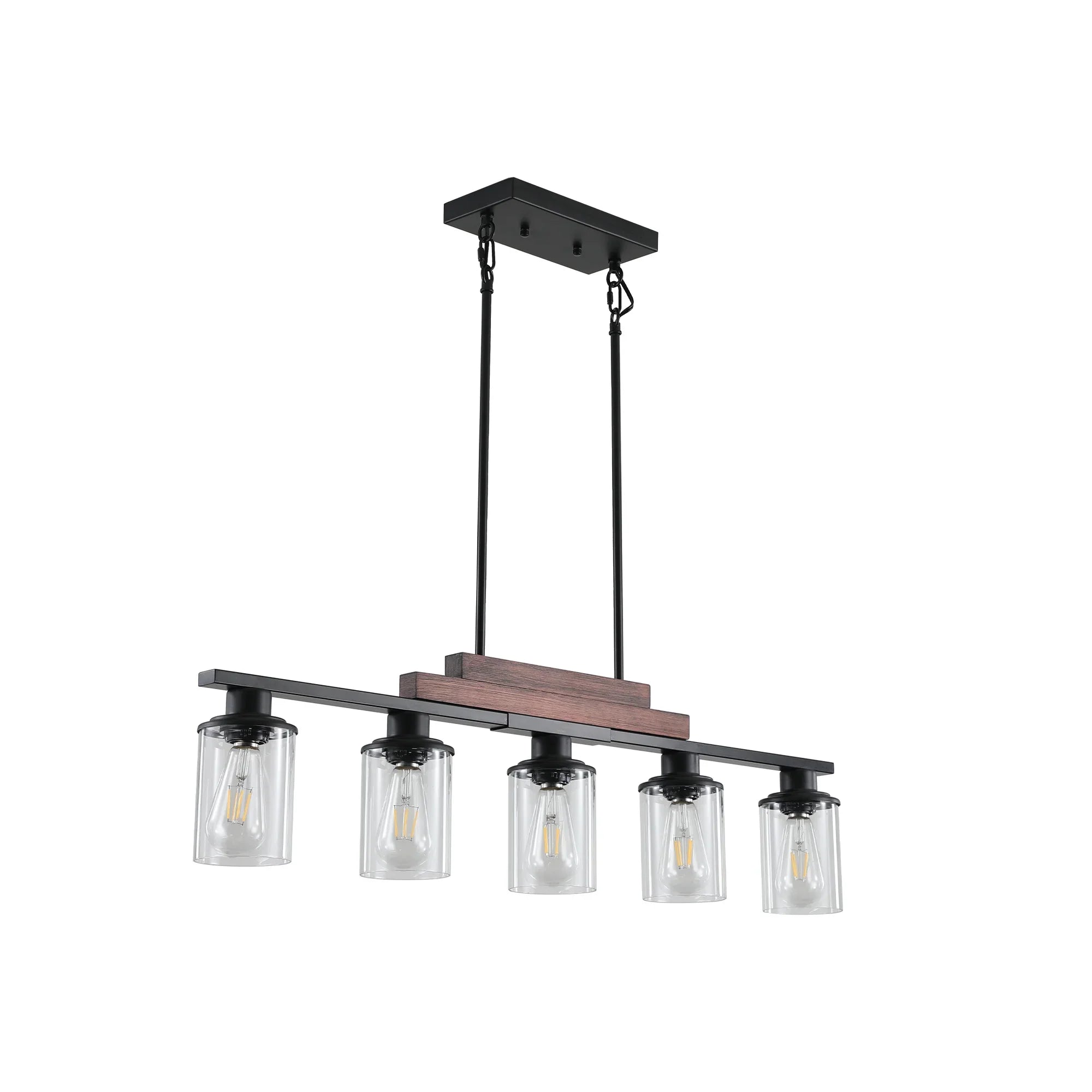 37" Farmhouse Industrial 5-Light Kitchen Island Pendant Light, Metal Wood Chandelier with Clear Glass Shades, Adjustable Height Hanging Fixture for Dining Room, Living Room, Kitchen - okeli lights