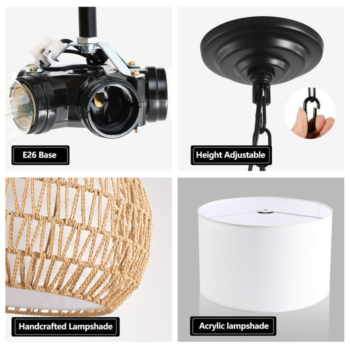 Farmhouse Pendant Light with Adjustable Height, Boho Woven Jute Rope Hanging Ceiling Light Fixture