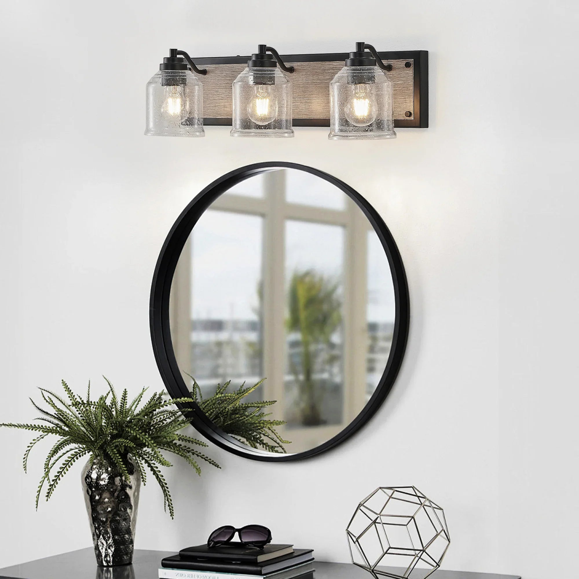 Farmhouse Vanity Light Fixture Bathroom Wall Sconce 3-4-5-6light with Clear Seeded Glass Shades - okeli lights