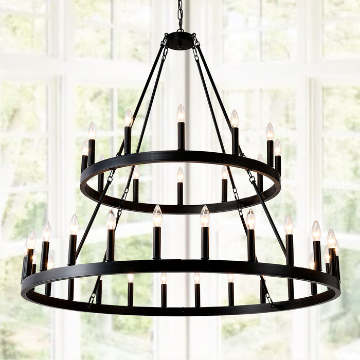 Farmhouse Wagon Wheel Chandelier 36-Light Adjustable Height Black Metal for High Ceiling Living Dining Room
