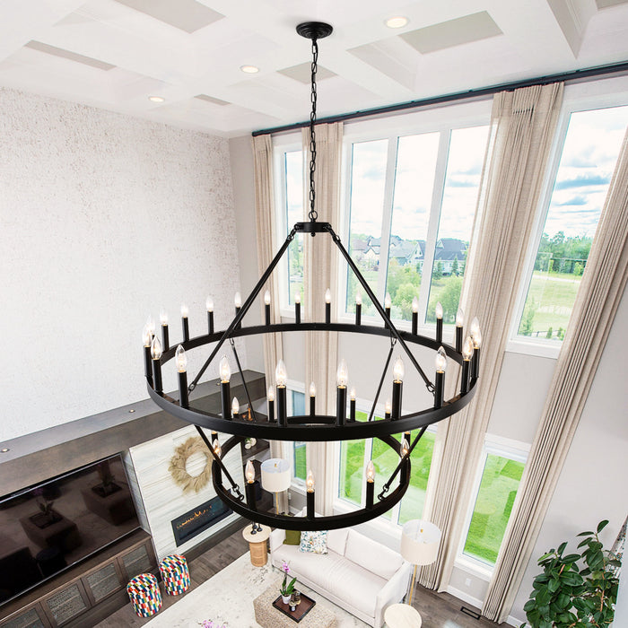 Farmhouse Wagon Wheel Chandelier 36-Light Adjustable Height Black Metal for High Ceiling Living Dining Room