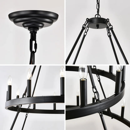 Farmhouse Wagon Wheel Chandelier 36-Light Adjustable Height Black Metal for High Ceiling Living Dining Room - okeli lights