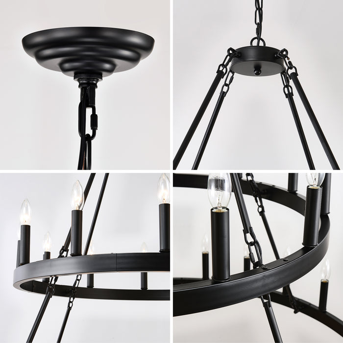 Farmhouse Wagon Wheel Chandelier 36-Light Adjustable Height Black Metal for High Ceiling Living Dining Room