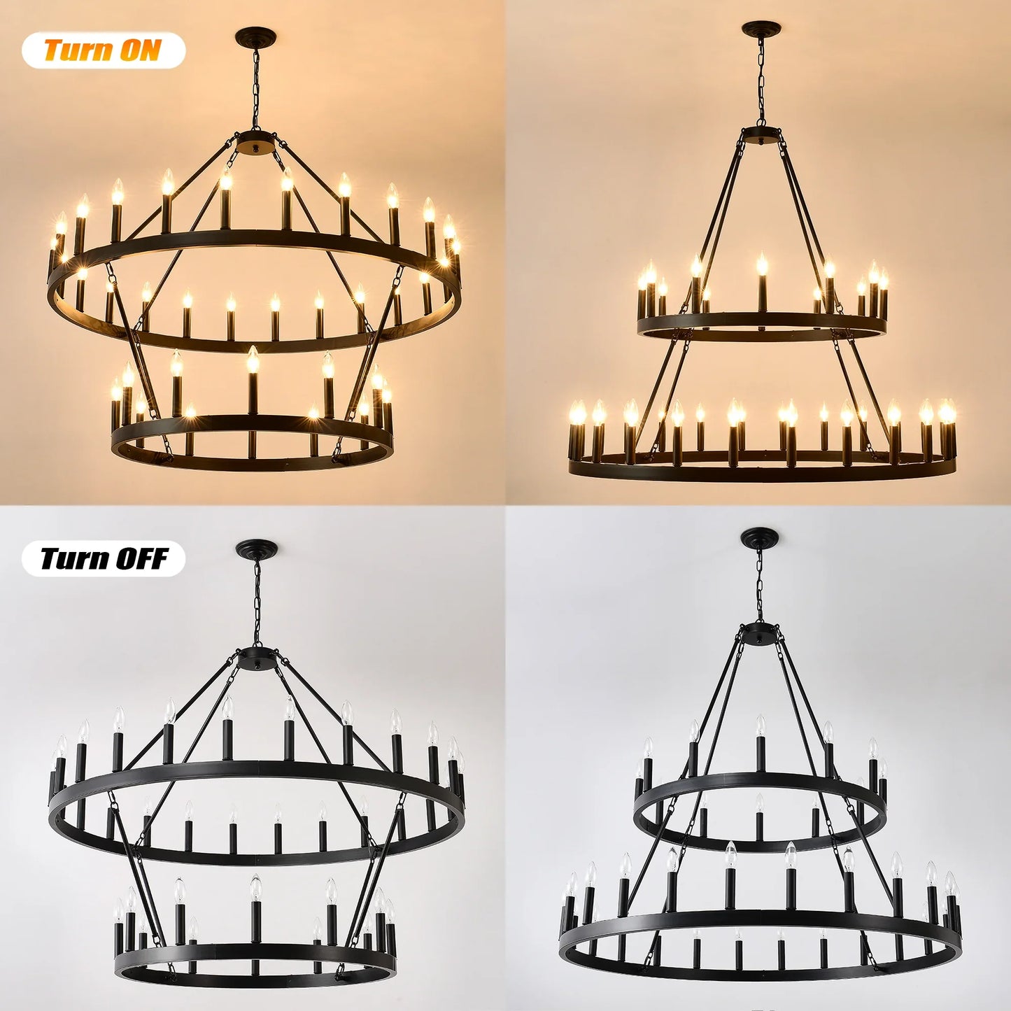 Farmhouse Wagon Wheel Chandelier 36-Light Adjustable Height Black Metal for High Ceiling Living Dining Room - okeli lights