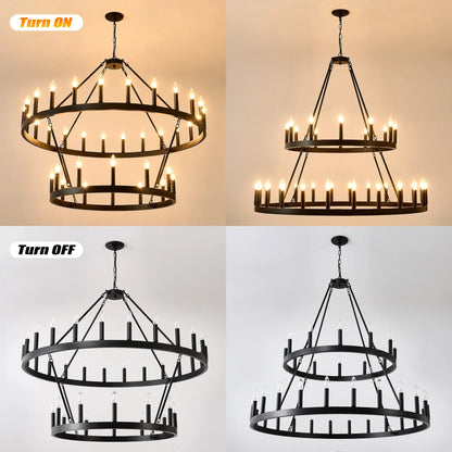 Farmhouse Wagon Wheel Chandelier 36-Light Adjustable Height Black Metal for High Ceiling Living Dining Room - okeli lights