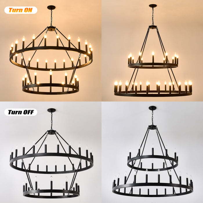 Farmhouse Wagon Wheel Chandelier 36-Light Adjustable Height Black Metal for High Ceiling Living Dining Room
