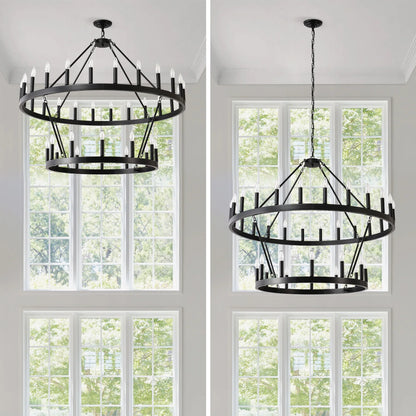 Farmhouse Wagon Wheel Chandelier 36-Light Adjustable Height Black Metal for High Ceiling Living Dining Room - okeli lights