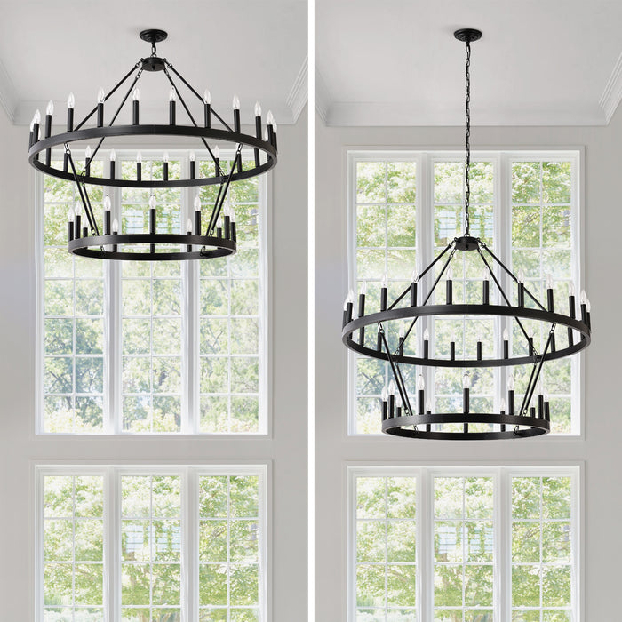 Farmhouse Wagon Wheel Chandelier 36-Light Adjustable Height Black Metal for High Ceiling Living Dining Room