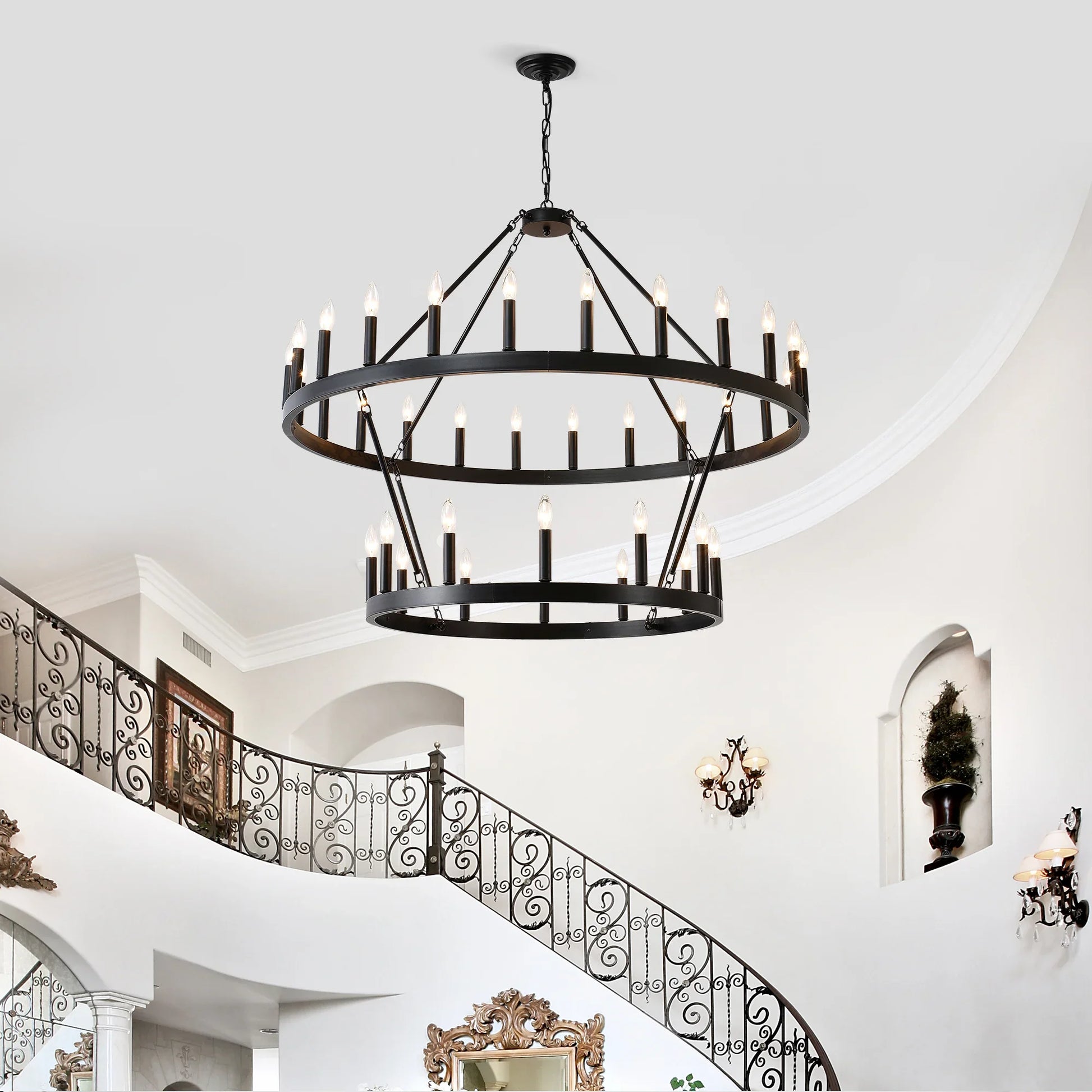 Farmhouse Wagon Wheel Chandelier 36-Light Adjustable Height Black Metal for High Ceiling Living Dining Room - okeli lights
