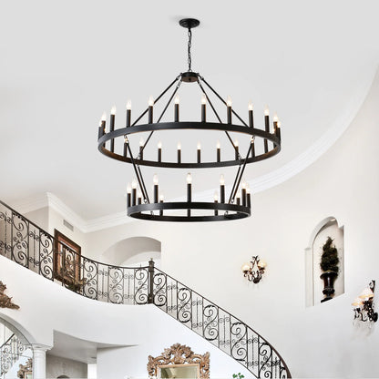 Farmhouse Wagon Wheel Chandelier 36-Light Adjustable Height Black Metal for High Ceiling Living Dining Room - okeli lights