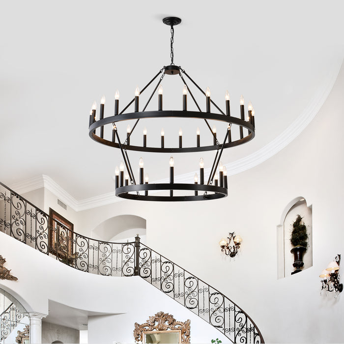 Farmhouse Wagon Wheel Chandelier 36-Light Adjustable Height Black Metal for High Ceiling Living Dining Room