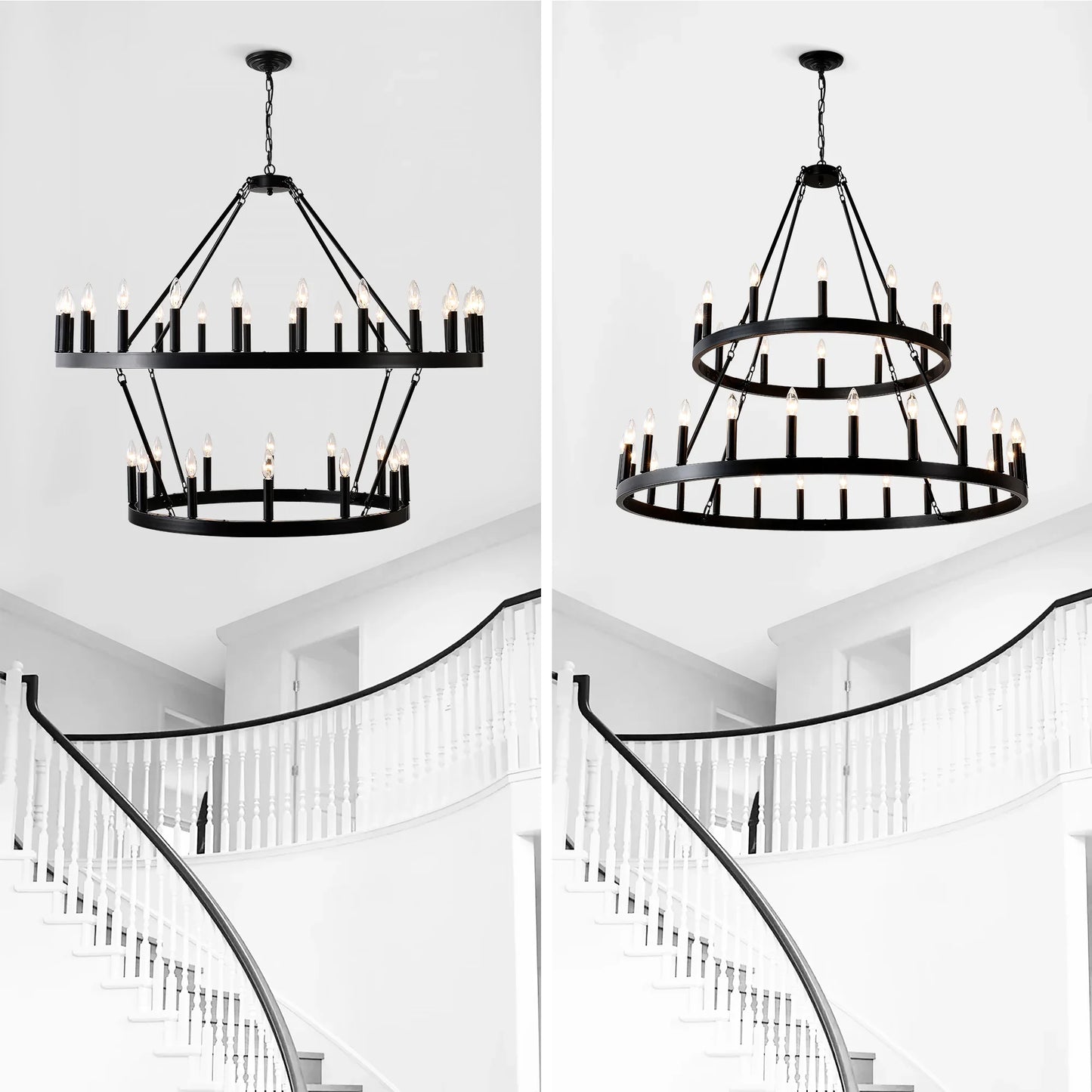 Farmhouse Wagon Wheel Chandelier 36-Light Adjustable Height Black Metal for High Ceiling Living Dining Room - okeli lights