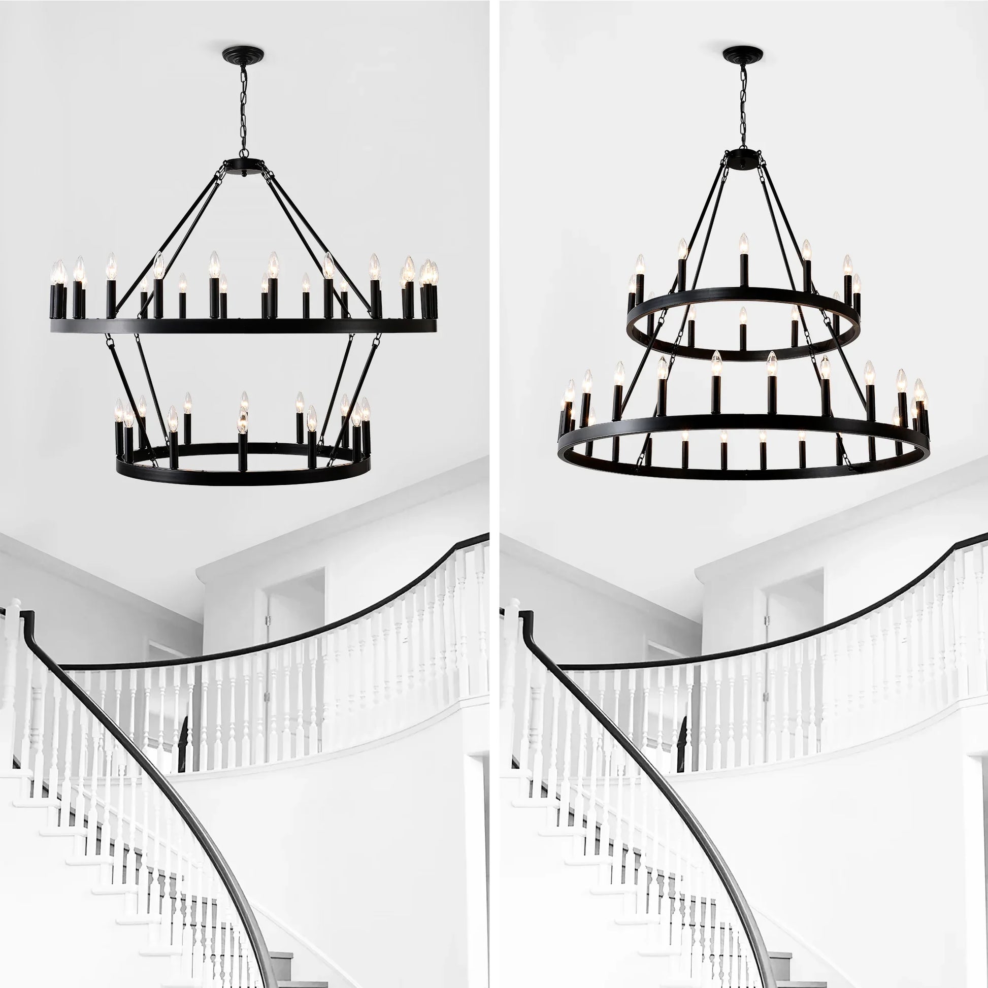 Farmhouse Wagon Wheel Chandelier 36-Light Adjustable Height Black Metal for High Ceiling Living Dining Room - okeli lights