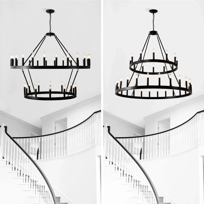 Farmhouse Wagon Wheel Chandelier 36-Light Adjustable Height Black Metal for High Ceiling Living Dining Room - okeli lights
