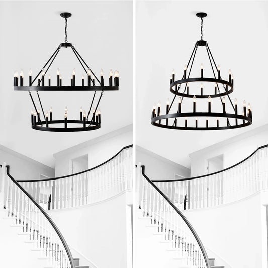 Farmhouse Wagon Wheel Chandelier 36-Light Adjustable Height Black Metal for High Ceiling Living Dining Room - okeli lights