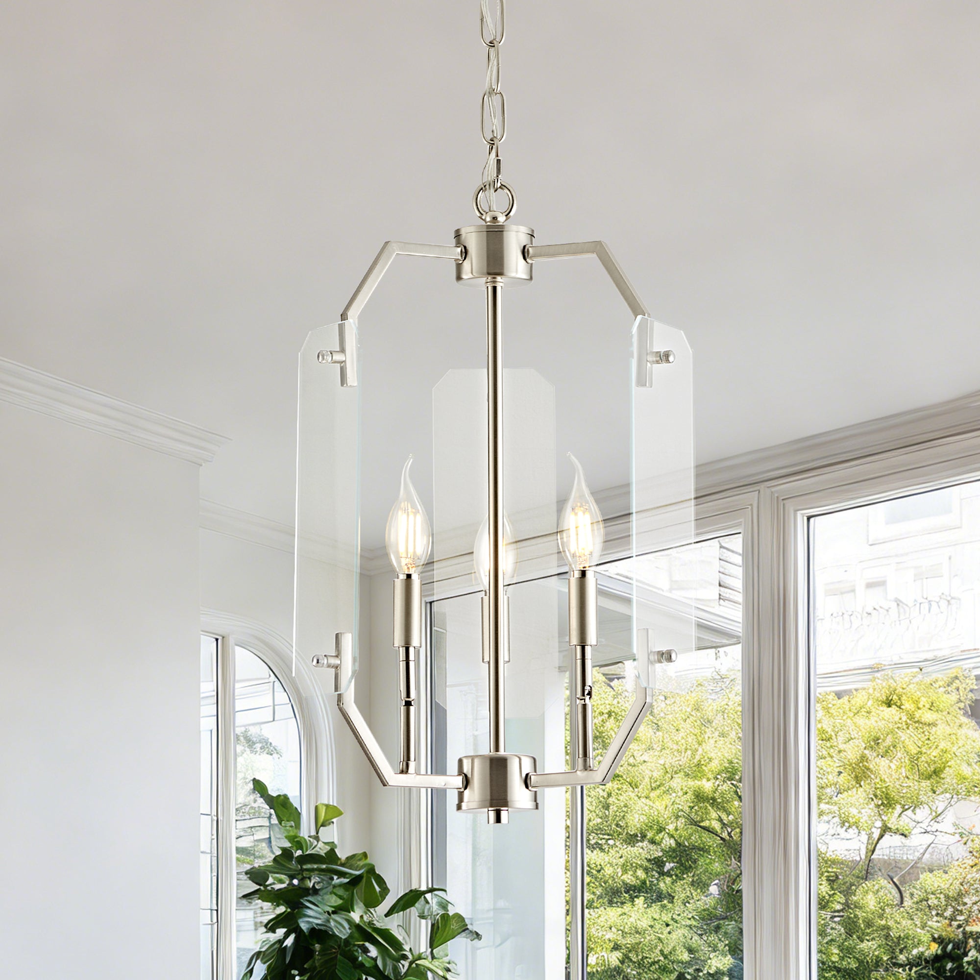hanging nickel plant OKELI Modern Farmhouse Chandelier, 3-5-Light Dining Room Light Fixture with Glass Panels, Adjustable Hanging Lantern Brush Nickel and Black Pendant