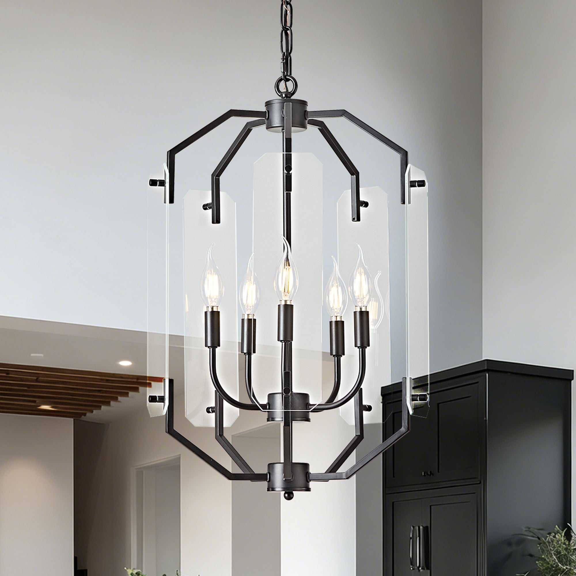 OKELI Modern Farmhouse Chandelier, 3-5-Light Dining Room Light Fixture with Glass Panels, Adjustable Hanging Lantern Brush Nickel and Black Pendant Light