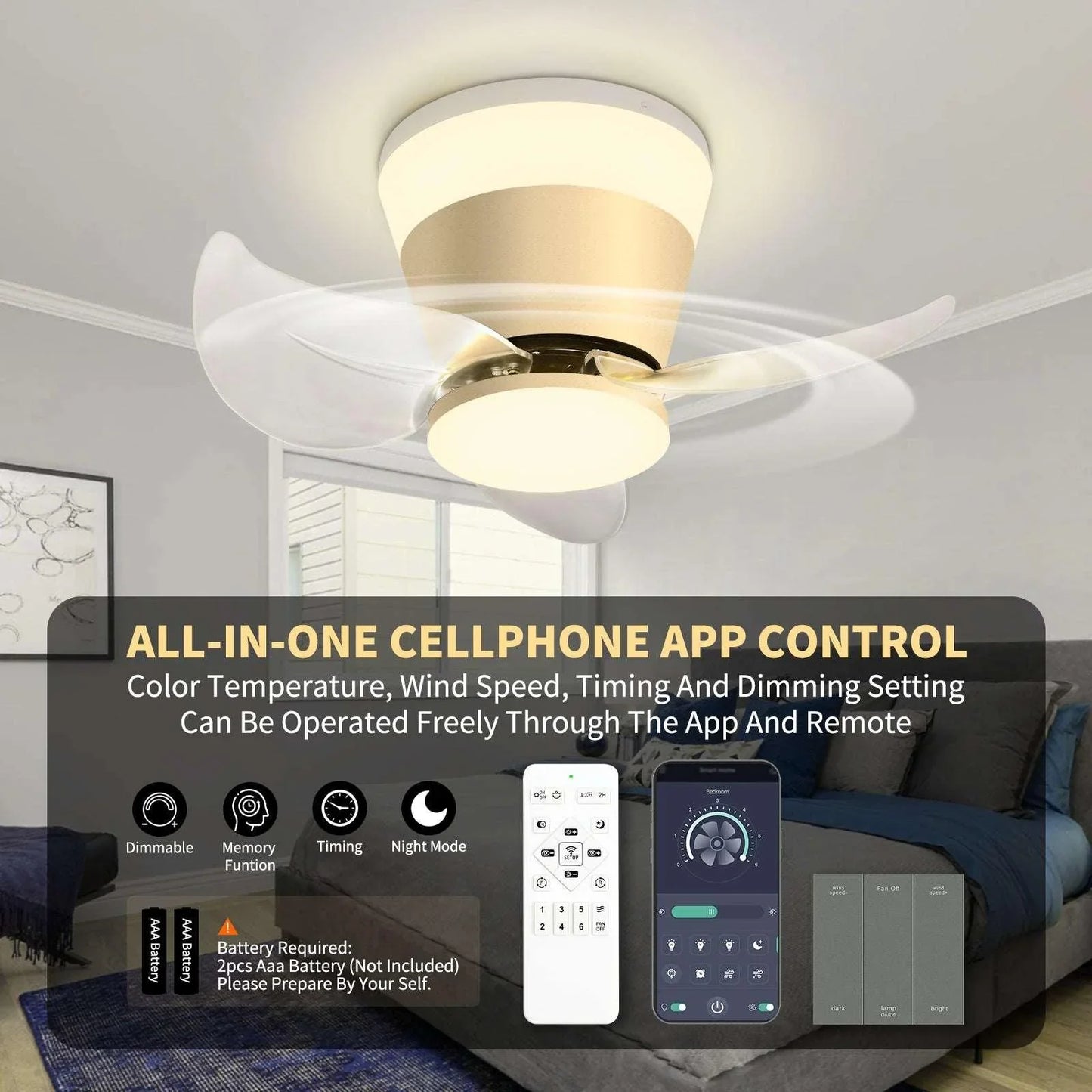 OKELI Modern Gold Ceiling Fan with Lights APP Control Adjustable Color - okeli lights