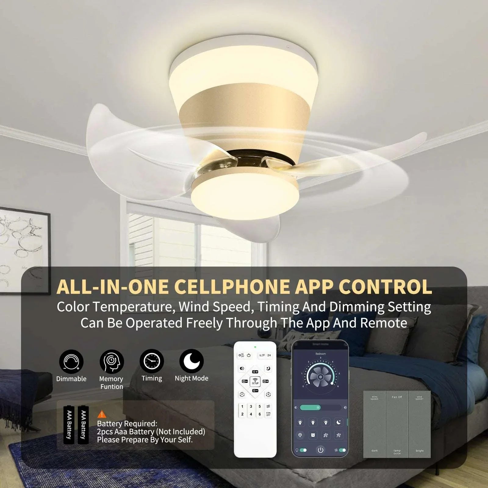 OKELI Modern Gold Ceiling Fan with Lights APP Control Adjustable Color - okeli lights