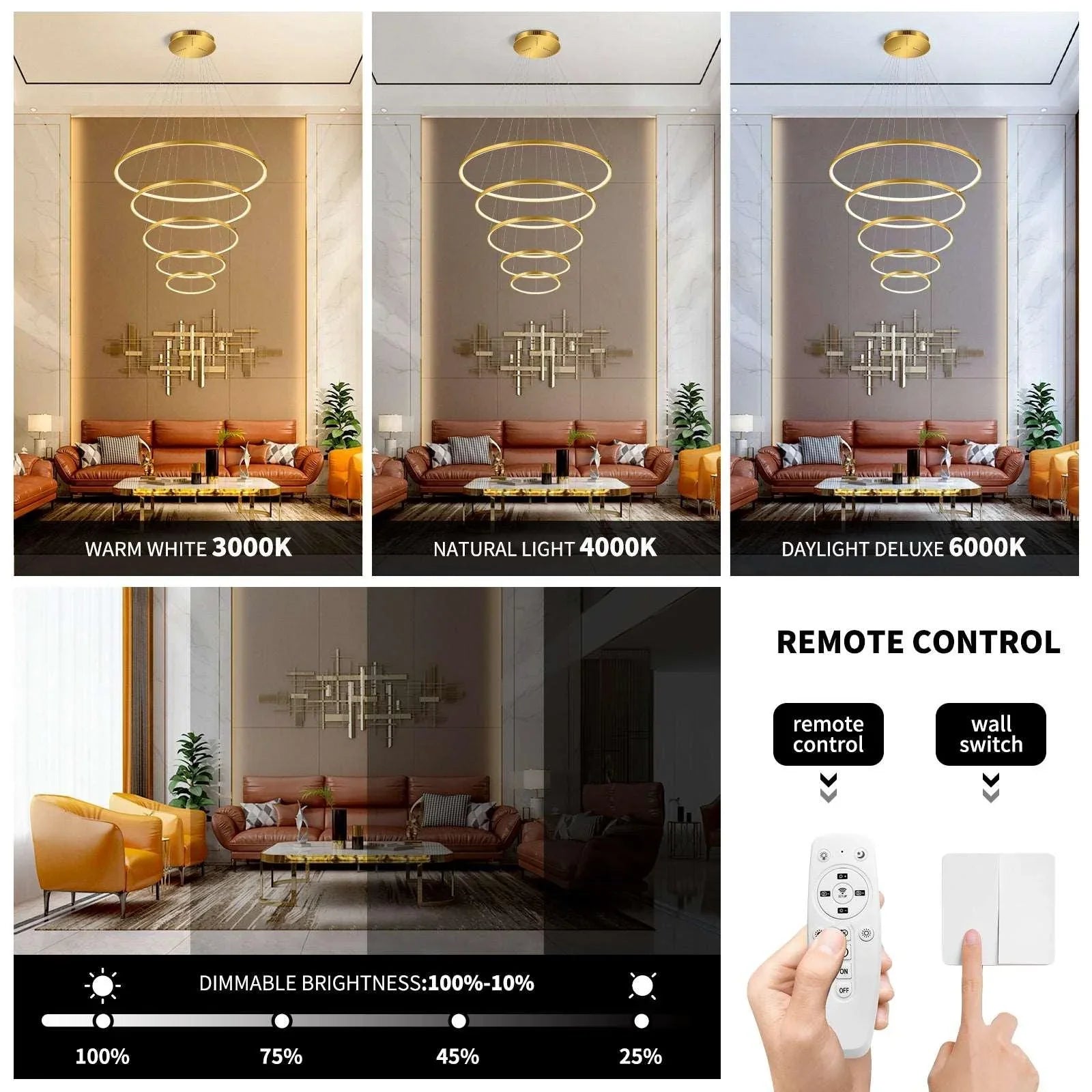 OKELI Modern LED 5 Rings Gold Large Chandelier, Dimmable High Ceiling Foyer Chandelier Light Fixtures - okeli lights