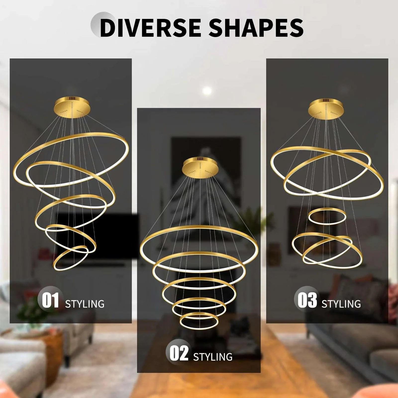 OKELI Modern LED 5 Rings Gold Large Chandelier, Dimmable High Ceiling Foyer Chandelier Light Fixtures - okeli lights