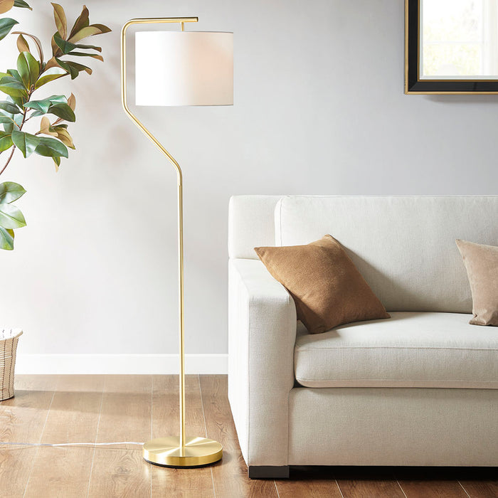 Gold Angular Arched Metal Floor Lamp Linen Drum-Shaped Shade