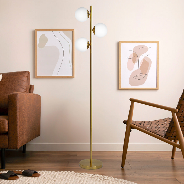 Gold Brush Floor Lamp Opal Glass Shades and Round Metal Base
