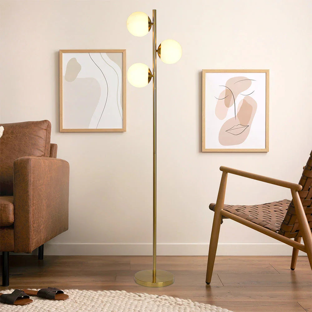 Gold Brush Floor Lamp Opal Glass Shades and Round Metal Base - okeli lights