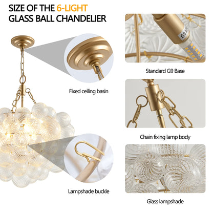 27.5-Inch Gold Pendant Light Chandelier with Threaded Clear Glass Globe Shade – Adjustable Height - okeli lights