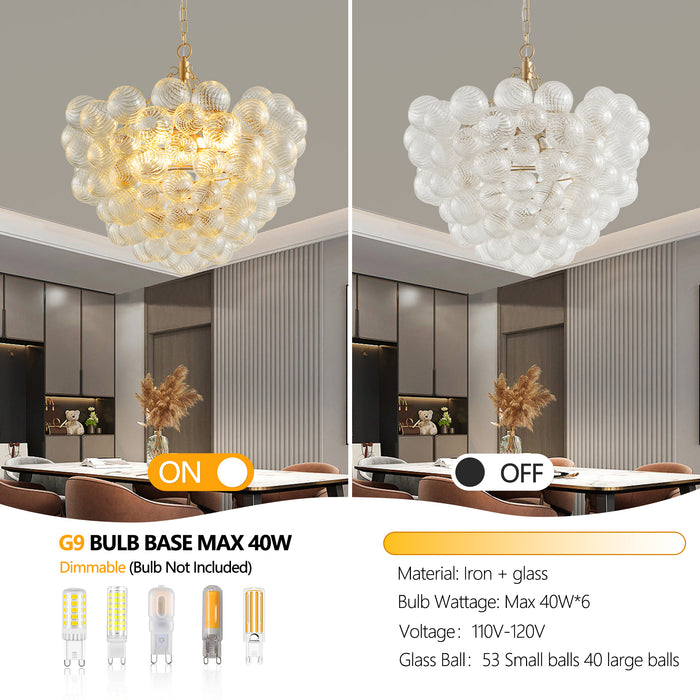 27.5-Inch Gold Pendant Light Chandelier with Threaded Clear Glass Globe Shade – Adjustable Height