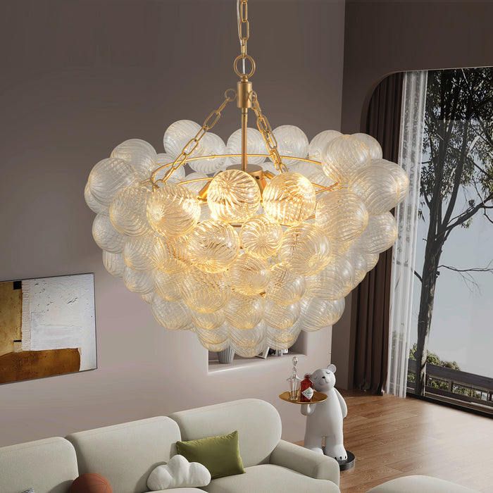 27.5-Inch Gold Pendant Light Chandelier with Threaded Clear Glass Globe Shade – Adjustable Height