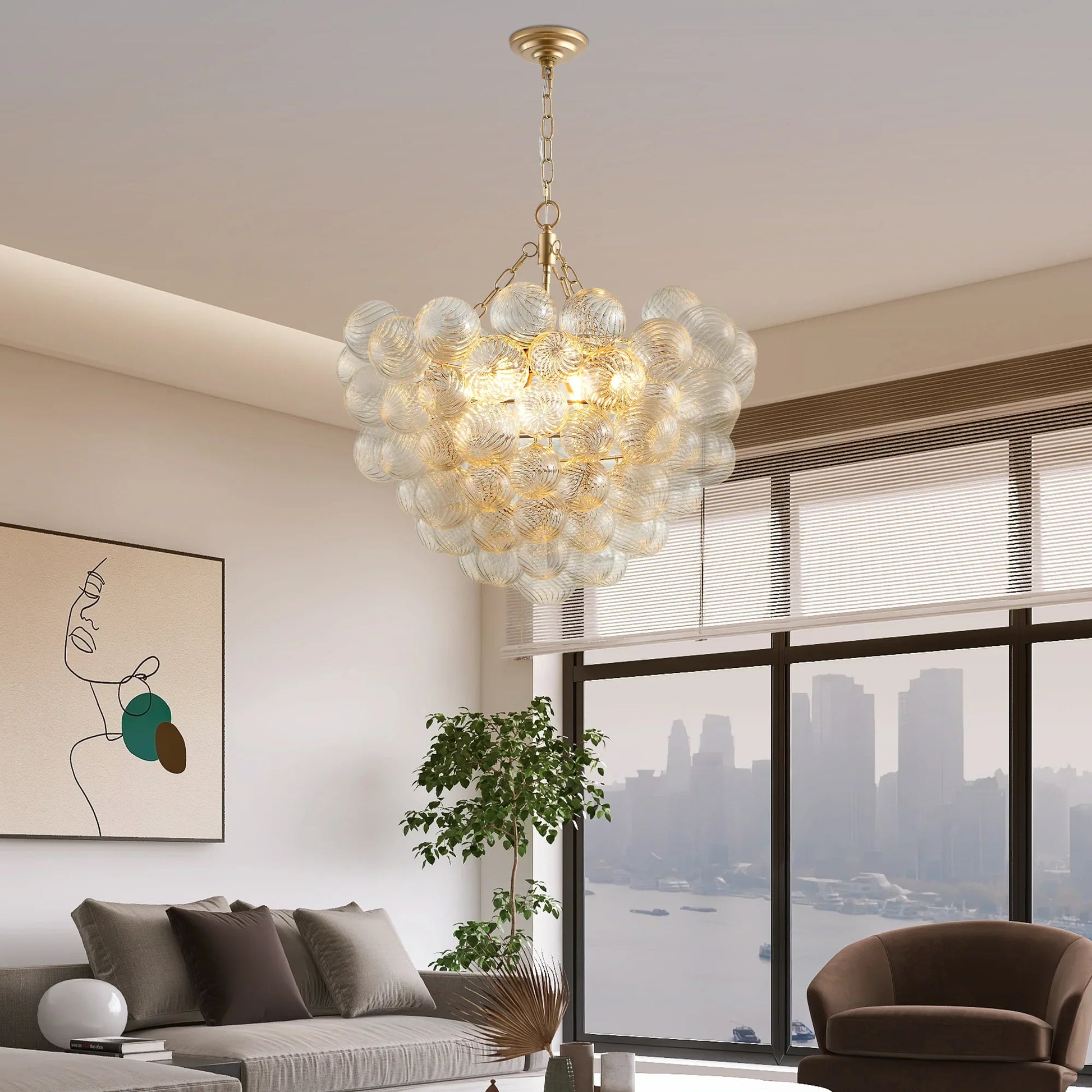 27.5-Inch Gold Pendant Light Chandelier with Threaded Clear Glass Globe Shade – Adjustable Height - okeli lights