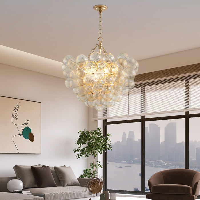 27.5-Inch Gold Pendant Light Chandelier with Threaded Clear Glass Globe Shade – Adjustable Height