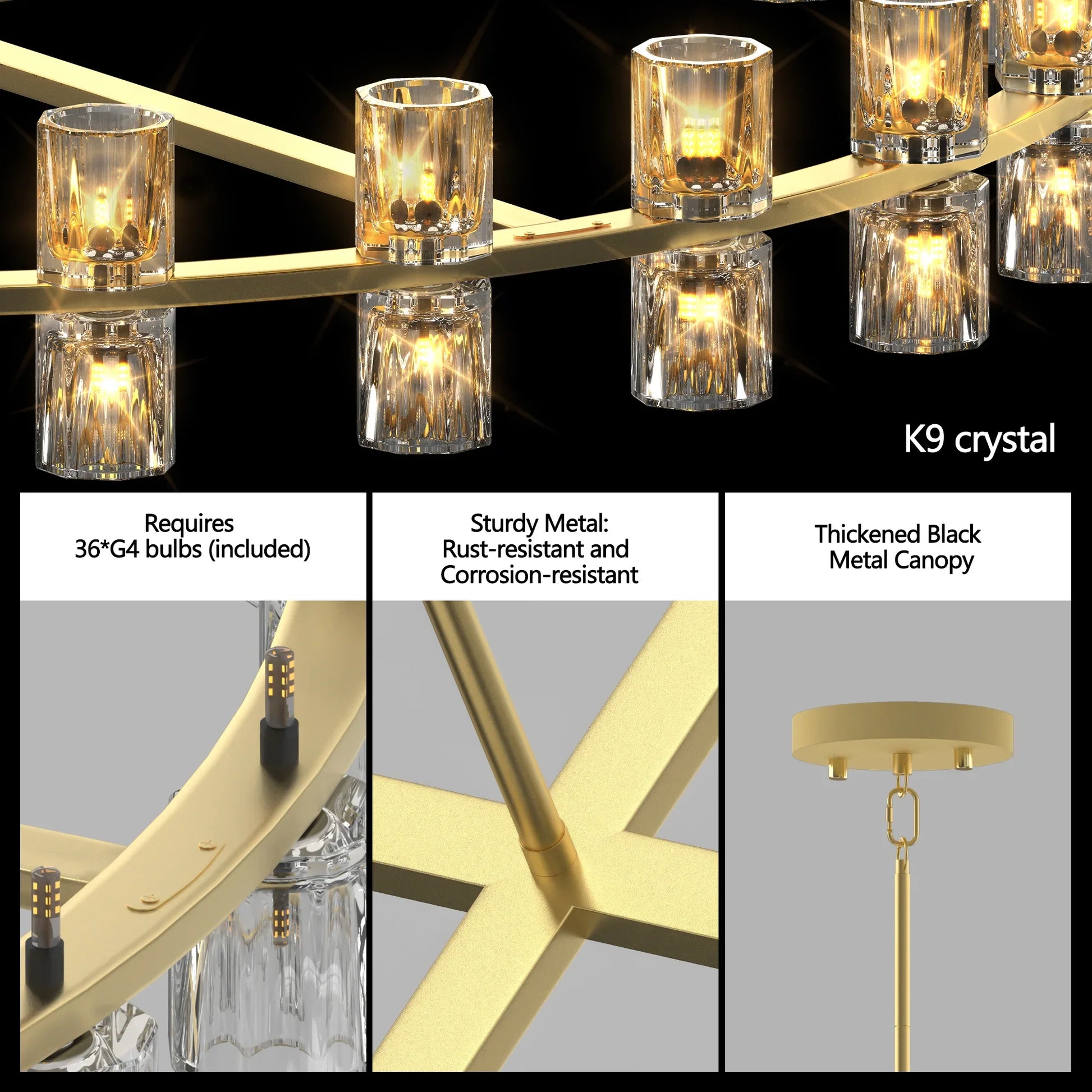 Modern 36" Gold Round Chandelier Light Fixture K9 Crystal Includes 36XG4 Bulbs - okeli lights