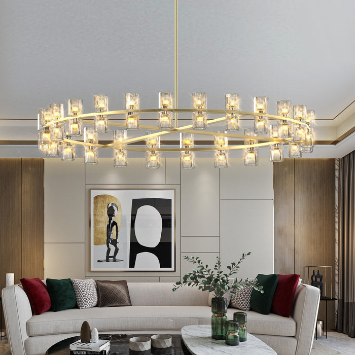 Gold Wagon Wheel Chandelier with Crystal Shade 48-Lights Modern Farmhouse Style