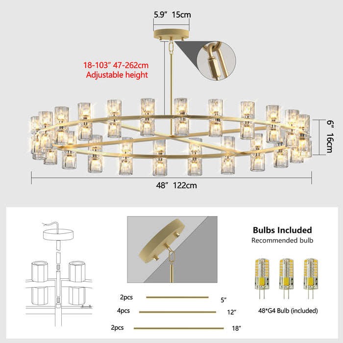 Gold Wagon Wheel Chandelier with Crystal Shade 48-Lights Modern Farmhouse Style