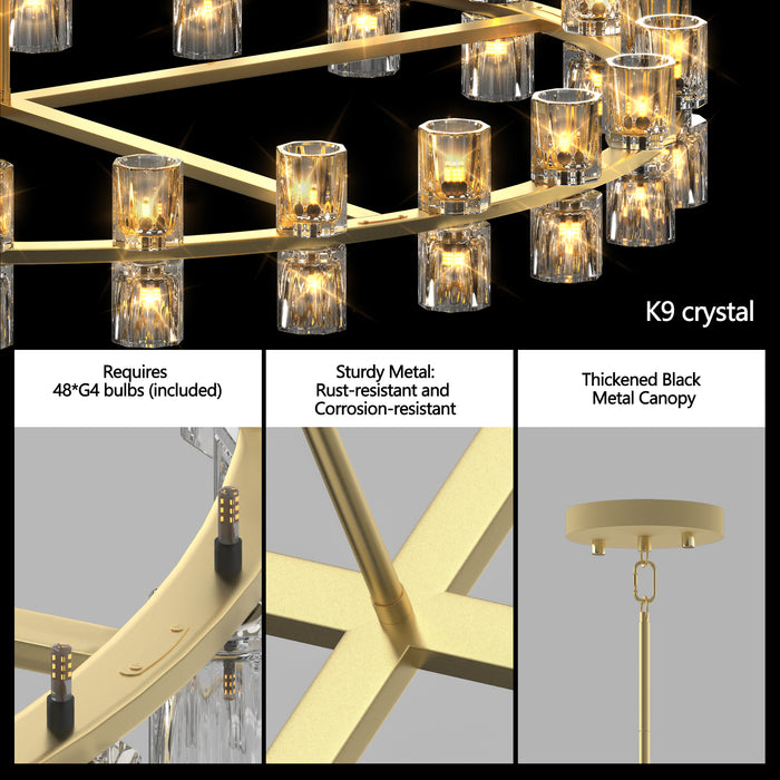 Gold Wagon Wheel Chandelier with Crystal Shade 48-Lights Modern Farmhouse Style