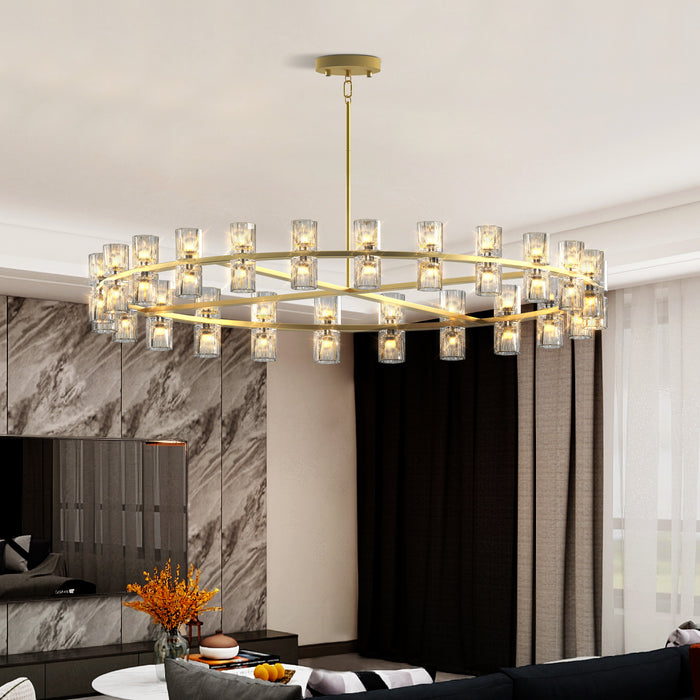 Gold Wagon Wheel Chandelier with Crystal Shade 48-Lights Modern Farmhouse Style
