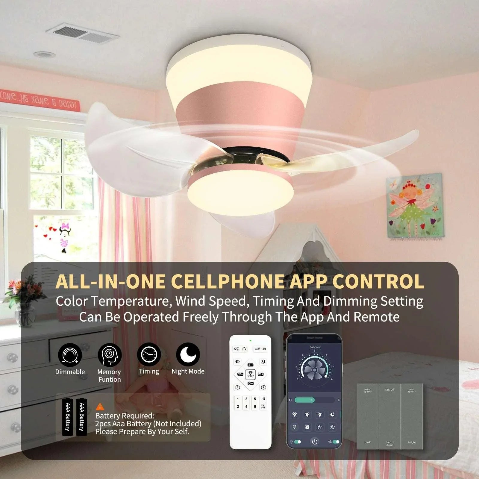 OKELI Modern Small Ceiling Fan with Light APP Control Ceiling Fan Pink - okeli lights