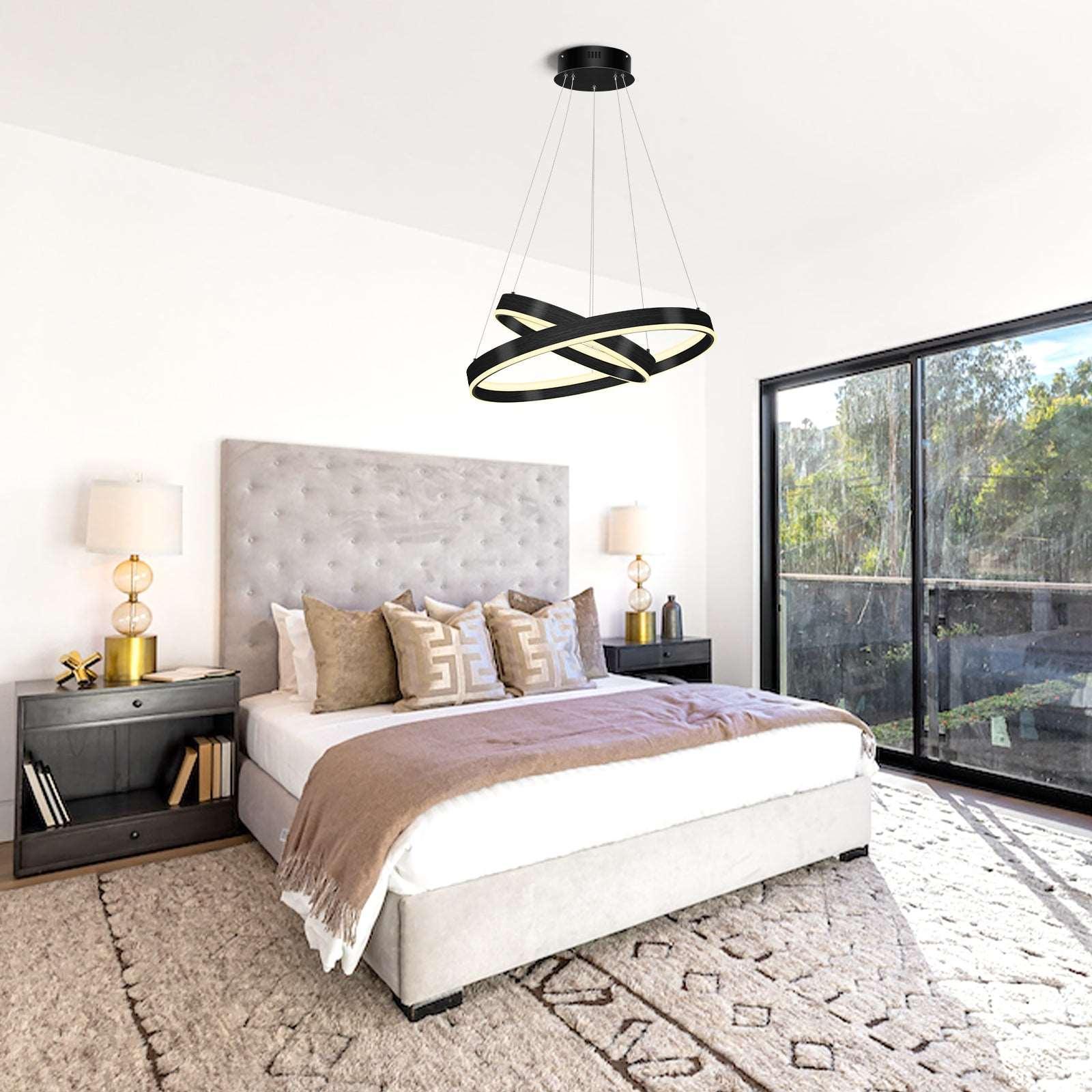 OKELI Modern LED Black Chandelier,Dimmable Circular Pendant Lights 2-Rings - okeli lights