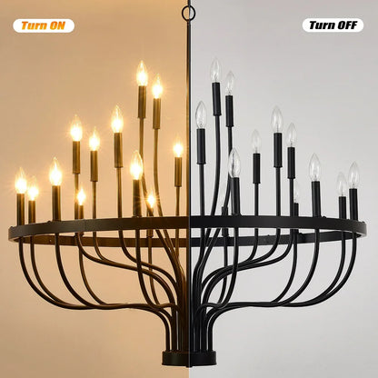 Industrial Iron Candle Chandelier 24-Light Black Modern Farmhouse Pendant Light Fixture for Dining Room - okeli lights