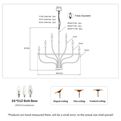 Industrial Iron Candle Chandelier 24-Light Black Modern Farmhouse Pendant Light Fixture for Dining Room - okeli lights