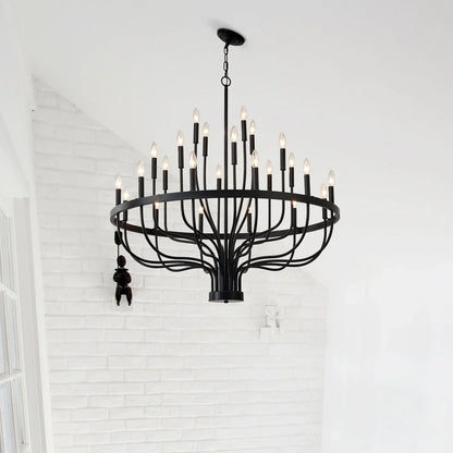 Industrial Iron Candle Chandelier 24-Light Black Modern Farmhouse Pendant Light Fixture for Dining Room - okeli lights