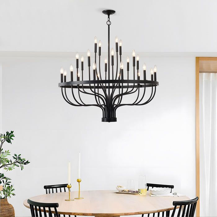 Industrial Iron Candle Chandelier 24-Light Black Modern Farmhouse Pendant Light Fixture for Dining Room