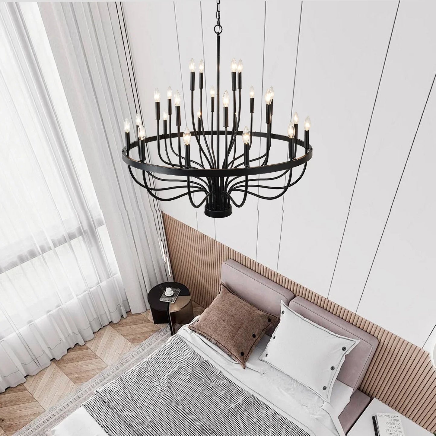 Industrial Iron Candle Chandelier 24-Light Black Modern Farmhouse Pendant Light Fixture for Dining Room - okeli lights