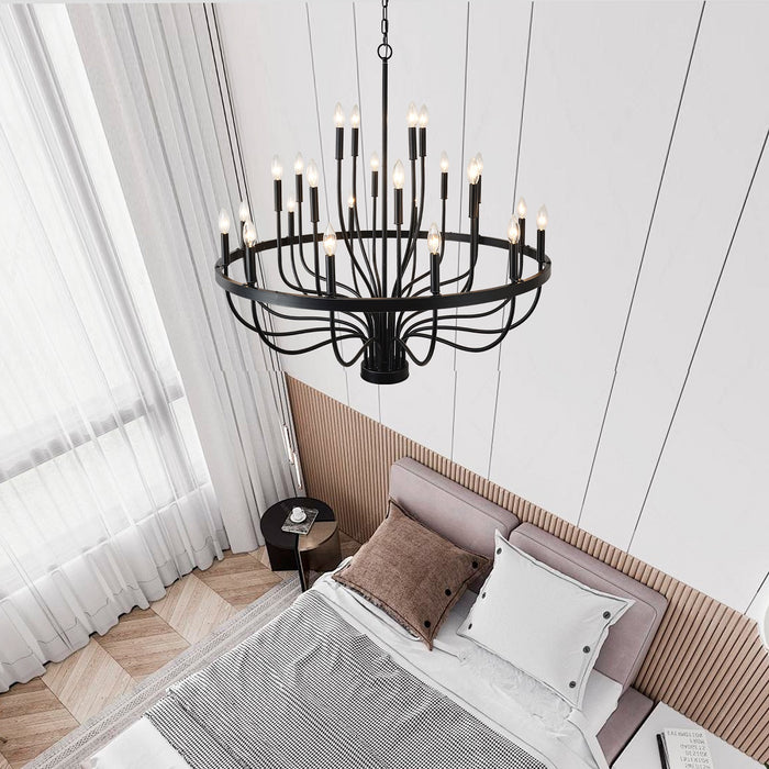 Industrial Iron Candle Chandelier 24-Light Black Modern Farmhouse Pendant Light Fixture for Dining Room