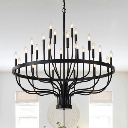 Industrial Iron Candle Chandelier 24-Light Black Modern Farmhouse Pendant Light Fixture for Dining Room - okeli lights