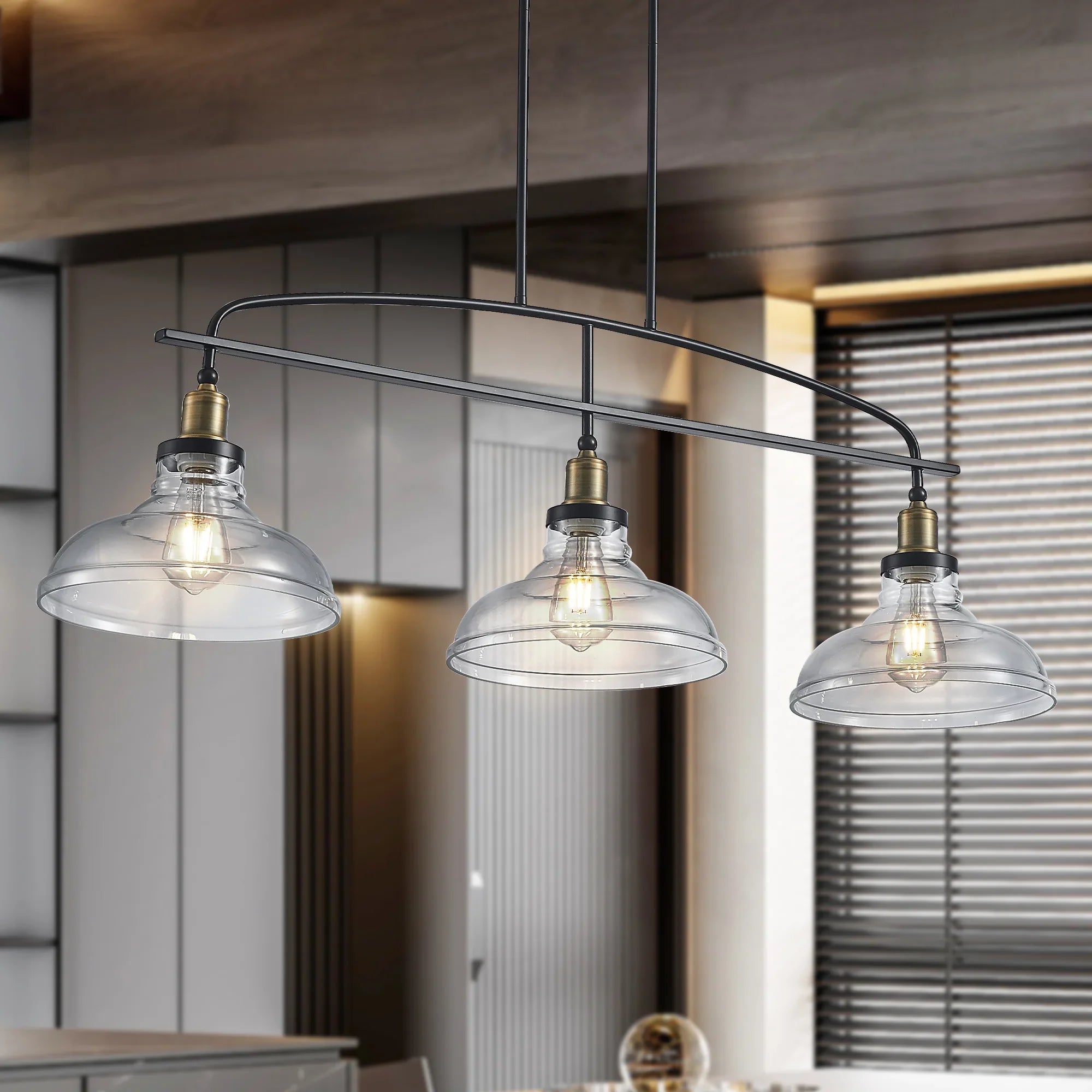 45" Industrial 3-Light Pendant Chandelier with Clear Glass Shades, Adjustable Height, Farmhouse Lighting - okeli lights