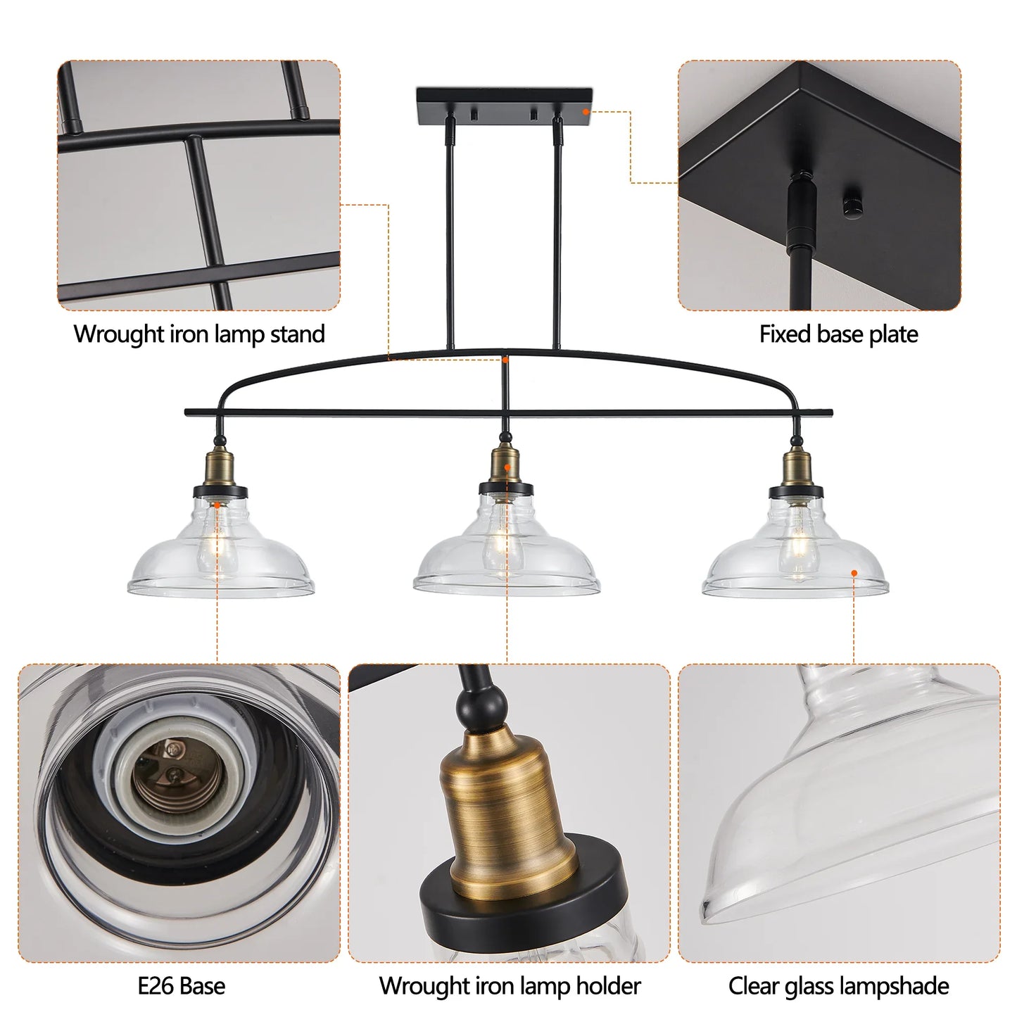 45" Industrial 3-Light Pendant Chandelier with Clear Glass Shades, Adjustable Height, Farmhouse Lighting - okeli lights